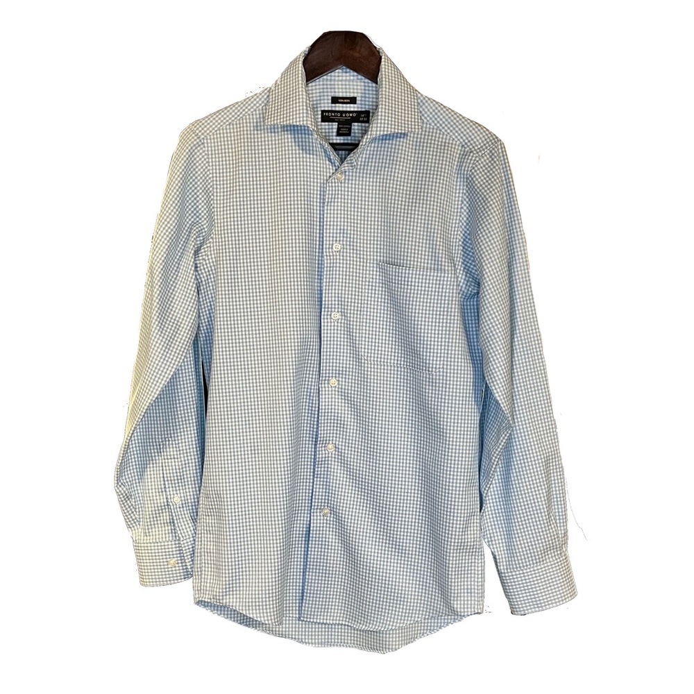 Pronto Uomo Blue & White Checked Men’s Dress Shirt 14.5 32/33 Button Down